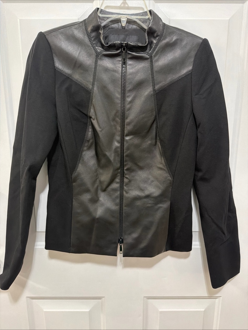 Lafayette 148 New York Full zip front leather and stretch knit jacket 2 Lined